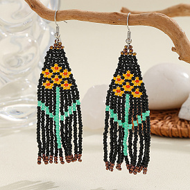 Bohemian Style Floral Glass Bead Tassel Dangle Earrings for Women