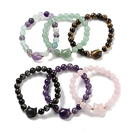 Round & Cat Head Natural Gemstone Beaded Stretch Bracelets for Women, with Synthetic Non-magnetic Hematite