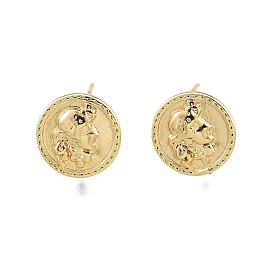 Brass Stud Earring Findings, with Vertical Loops, Flat Round with Woman, Nickel Free