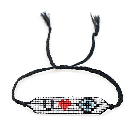 Miyuki Seed Braided Bead Bracelet, Word Love U and Evil Eye Friendship Bracelet for Women