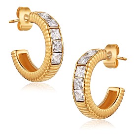 Clear Cubic Zirconia C-shape Stud Earrings, 430 Stainless Steel Half Hoop Earrings for Women