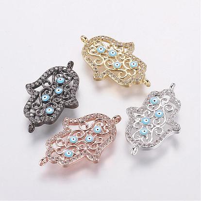 Brass Micro Pave Cubic Zirconia Links, Hamsa Hand/Hand of Fatima/Hand of Miriam with Evil Eye
