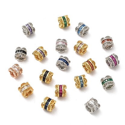 Rack Plating Brass Cubic Zirconia European Beads, Large Hole Beads, Long-Lasting Plated, Lead Free & Cadmium Free, Flower Column