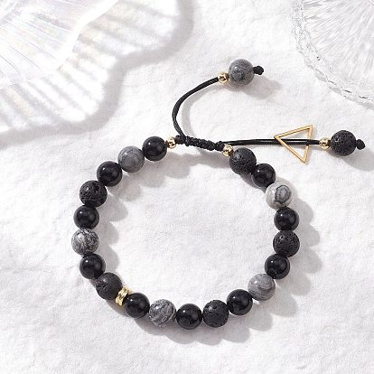 Природная лава, Природные обсидиана, Браслеты из натурального камня-карты/камня Пикассо/яшмы Пикассо с регулируемыми бусинами, круглые