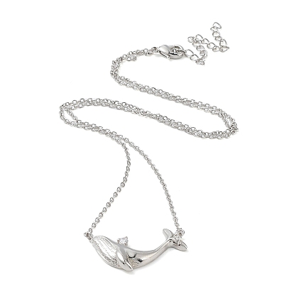 Clear Cubic Zirconia Whale Pendant Necklace with Brass Cable Chains