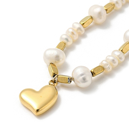 Ion Plating(IP) 304 Stainless Steel Heart Charms Bracelets, Natural Pearl Bead Bracelets for Women