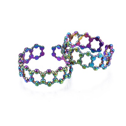 304 Stainless Steel Hexagon Cuff Ring, Rainbow Color Open Ring for Women