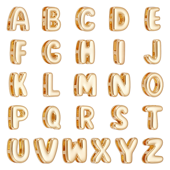 26Pcs 26 Styles Brass Slide Charms, Golden