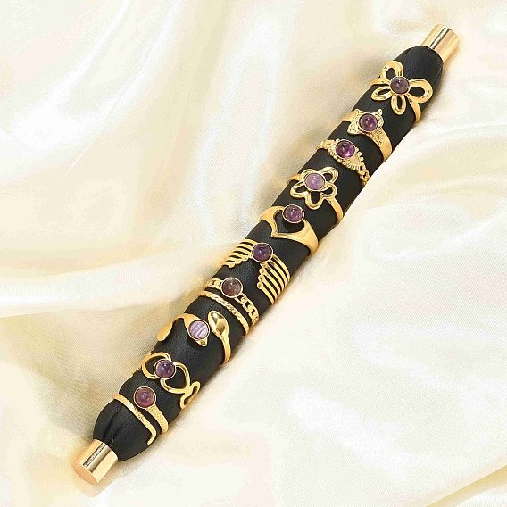 Природные палец кольца аметист, смешанные формы 304 открытые манжетные кольца из нержавеющей стали, ионное покрытие (ip), реальный 18 k позолоченный