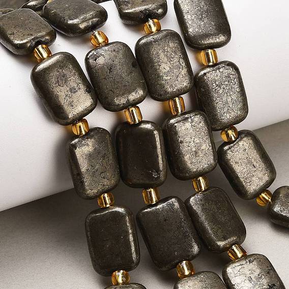 Нити из бусин из натурального золотого пирита/золотого пирита, прямоугольные, с бисером