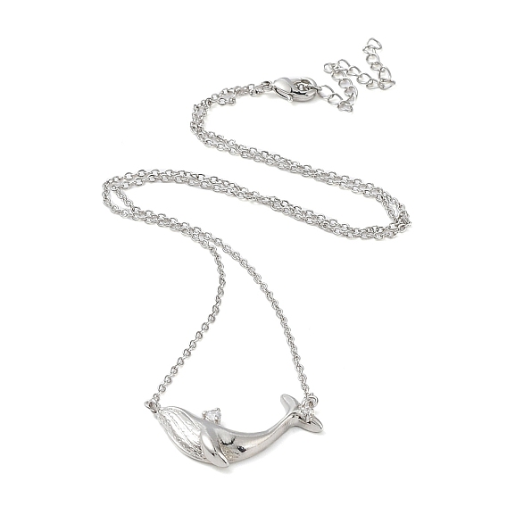 Clear Cubic Zirconia Whale Pendant Necklace with Brass Cable Chains