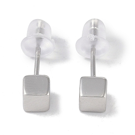 Rhodium Plated Cube 999 Sterling Silver Stud Earrings for Women, with 999 Stamp