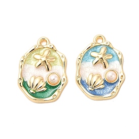 Подвески из эмали и сплава, с ABS имитации жемчуга, стойки покрытие, долговечный, без свинца, без кадмии и без никеля, золотой свет, овал с подвеской в виде ракушки и морской звезды