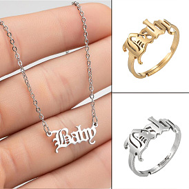 Stylish Stainless Steel 18K Gold Baby Ring with Old English Letter Pendant Necklace