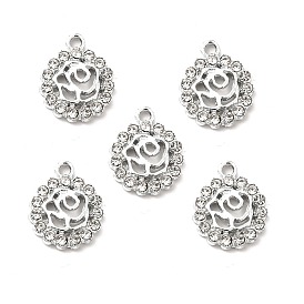 Alloy Rhinestone Pendants, Platinum Tone Hollow Out Flat Round with Rose Charms