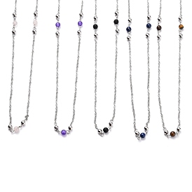 304 Stainless Steel Beaded Necklaces, with Round Natural & Synthetic Gemstone Beads and Cable Chains