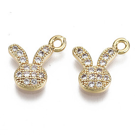 Brass Micro Cubic Zirconia Bunny Charms, Nickel Free, Real 18K Gold Plated, Rabbit