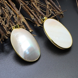 Natural Shell Pendants, Flat Back Oval Charms with Golden Tone Brass Findings