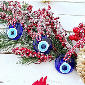 Handmade Flat Round with Evil Eye Glass Pendant Decorations, Polyester Cord Christmas Tree Hanging Ornaments