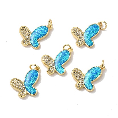 Rack Plating Brass Micro Pave Cubic Zirconia with Synthetic Opal Pendants, with Jump Ring, Lead Free & Cadmium Free, Long-Lasting Plated, Butterfly