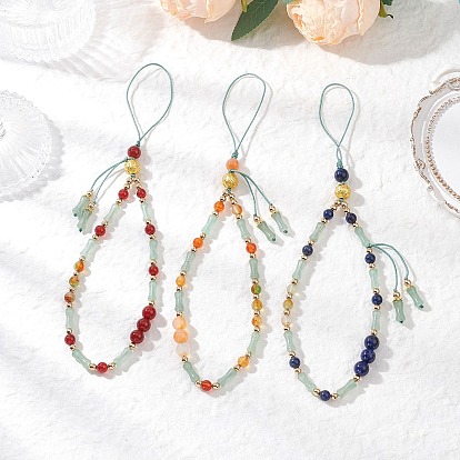 Ремешки для мобильных телефонов из натурального лазурита, сердолика и павлиньего зеленого агата, с нейлоновой нитью, бамбук