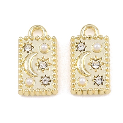 Alloy Crystal Rhinestone Pendants, Rectangle with Sun & Moon Pattern Charms, with ABS Plastic Pearl, Long-Lasting Plated, Rack Plating