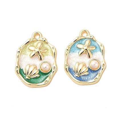 Подвески из эмали и сплава, с ABS имитации жемчуга, стойки покрытие, долговечный, без свинца, без кадмии и без никеля, золотой свет, овал с подвеской в виде ракушки и морской звезды