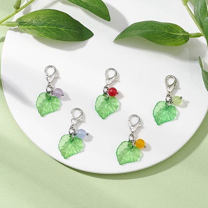 5 шт. пластиковые подвесные украшения в виде листьев, с круглыми бусинами из натурального аметиста, белого нефрита и малайзийского нефрита и застежками-карабинами
