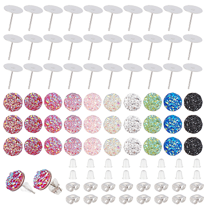 DIY Flat Round Stud Earring Making Kit, Including Flat Round Resin Cabochons, 316 Surgical Stainless Steel Flat Round Blank Peg Stud Earring Setting, 201 Stainless Steel & Plastic Ear Nuts