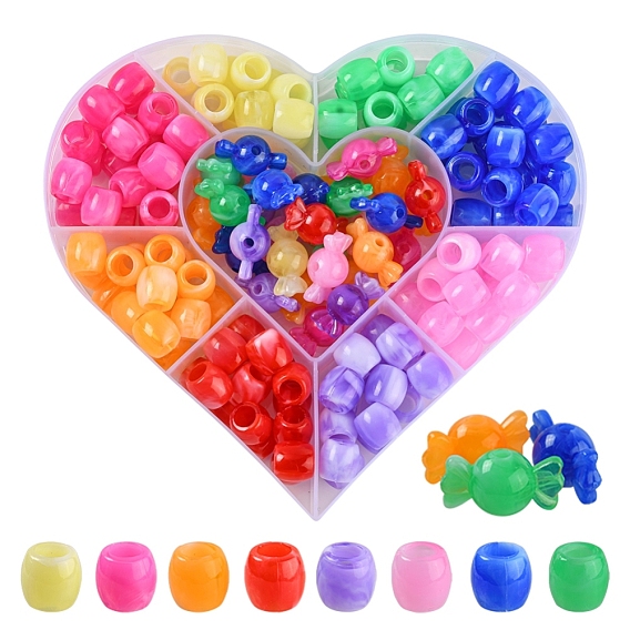 156Pcs 9 Style Acrylic European Beads, Imitation Gemstone, Large Hole Beads, Barrel