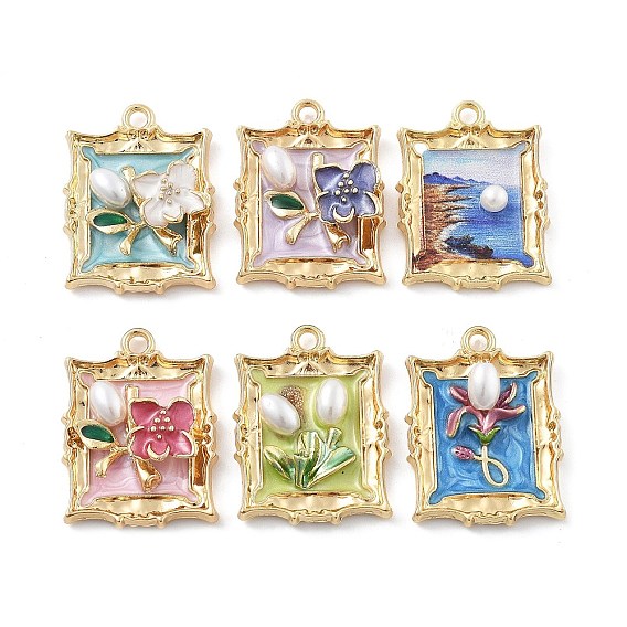 Подвески из эмали и сплава, прямоугольник с цветочной подвеской, с пластмассовой жемчужиной abs