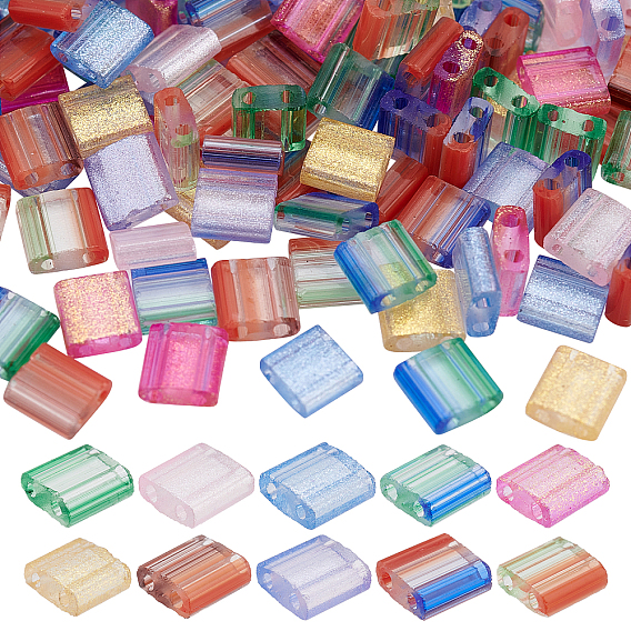 200Pcs 10 Colors 2-Hole Glass Seed Beads, Transparent Spray Painted, with Glitter Powder, Rectangle