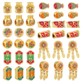 36шт. 6 стили сплав эмалированные европейские подвески, бусины с большим отверстием, счастливый мешок плоский круглый цветок, разнообразные, разноцветные