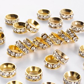 Brass Rhinestone Spacer Beads, Rondelle, White
