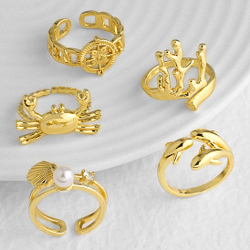 Ocean Brass Cuff Open Rings, Golden