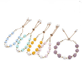 Natural Pearl & Glass Braided Slider Bracelet, Beaded Crochet Adjustable Bracelet for Women