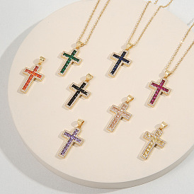 Collier pendentif croix en cuivre vintage avec pierres de zircone - bijoux religieux pour femme