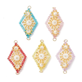 Подвески-соединители в виде цветочных ромбов из искусственного жемчуга и стеклянных бусин, золотые