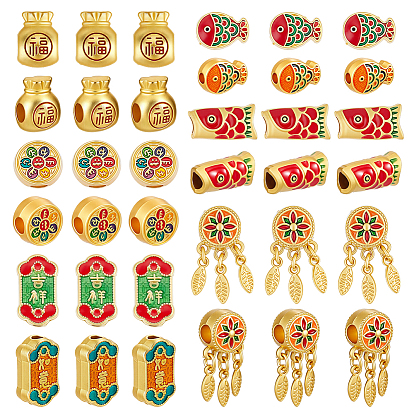 36шт. 6 стили сплав эмалированные европейские подвески, бусины с большим отверстием, счастливый мешок плоский круглый цветок, разнообразные, разноцветные