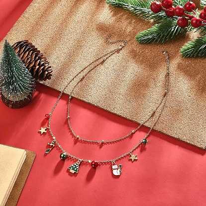 Brass Satellite Chains Double Layer Necklace, Candy Cane & Tree & Santa Claus Alloy Enamel Charms Christmas Necklace for Women