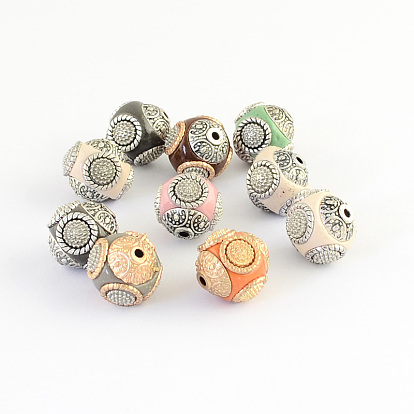 Round Handmade Indonesia Beads, with Alloy Cores, 14~16x14~16mm, Hole: 1.5mm