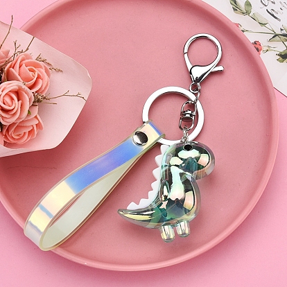 Platinum Tone Plated Alloy Keychains, Iridescent Keychain, with PU Leather Straps and Acrylic Pendant, Dinosaur