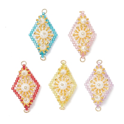 Подвески-соединители в виде цветочных ромбов из искусственного жемчуга и стеклянных бусин, золотые