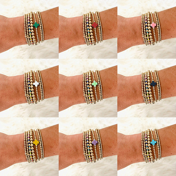7 шт. латунные круглые браслеты с бусинами для женщин, с пластиковыми крестообразными бусинами, золотые