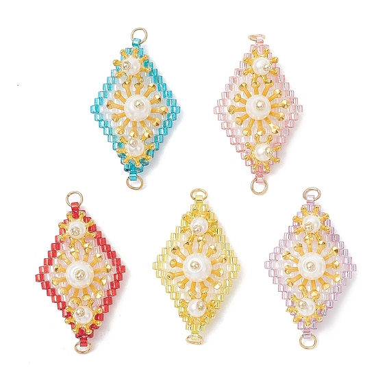 Подвески-соединители в виде цветочных ромбов из искусственного жемчуга и стеклянных бусин, золотые
