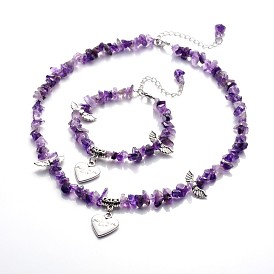 Colliers pierre naturelle et pendentif coeur en alliage et bracelets de charme ensembles de bijoux pour Saint Valentin, avec les accessoires en alliage d'argent antique, 17.71 pouce, 185mm