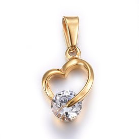 304 Stainless Steel Pendants, with Cubic Zirconia, Heart, Clear