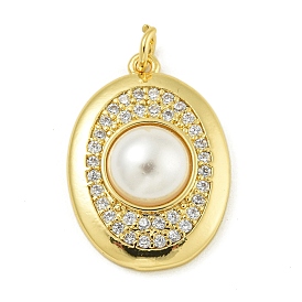 Rack Plating Brass Micro Pave Cubic Zirconia Pendants, with ABS Imitation Pearl, with Jump Ring, Long-Lasting Plated, Lead Free & Cadmium Free, Oval