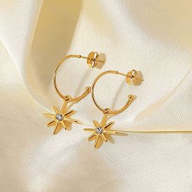 18K Gold C-shaped Hexagram Inlaid White Zircon Pendant Earrings - Titanium Steel