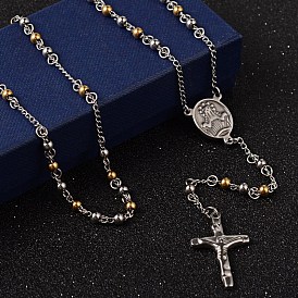 Crucifix Cross 304 Stainless Steel Rosary Bead Necklaces, For Easter, 23.6 inch(60cm)